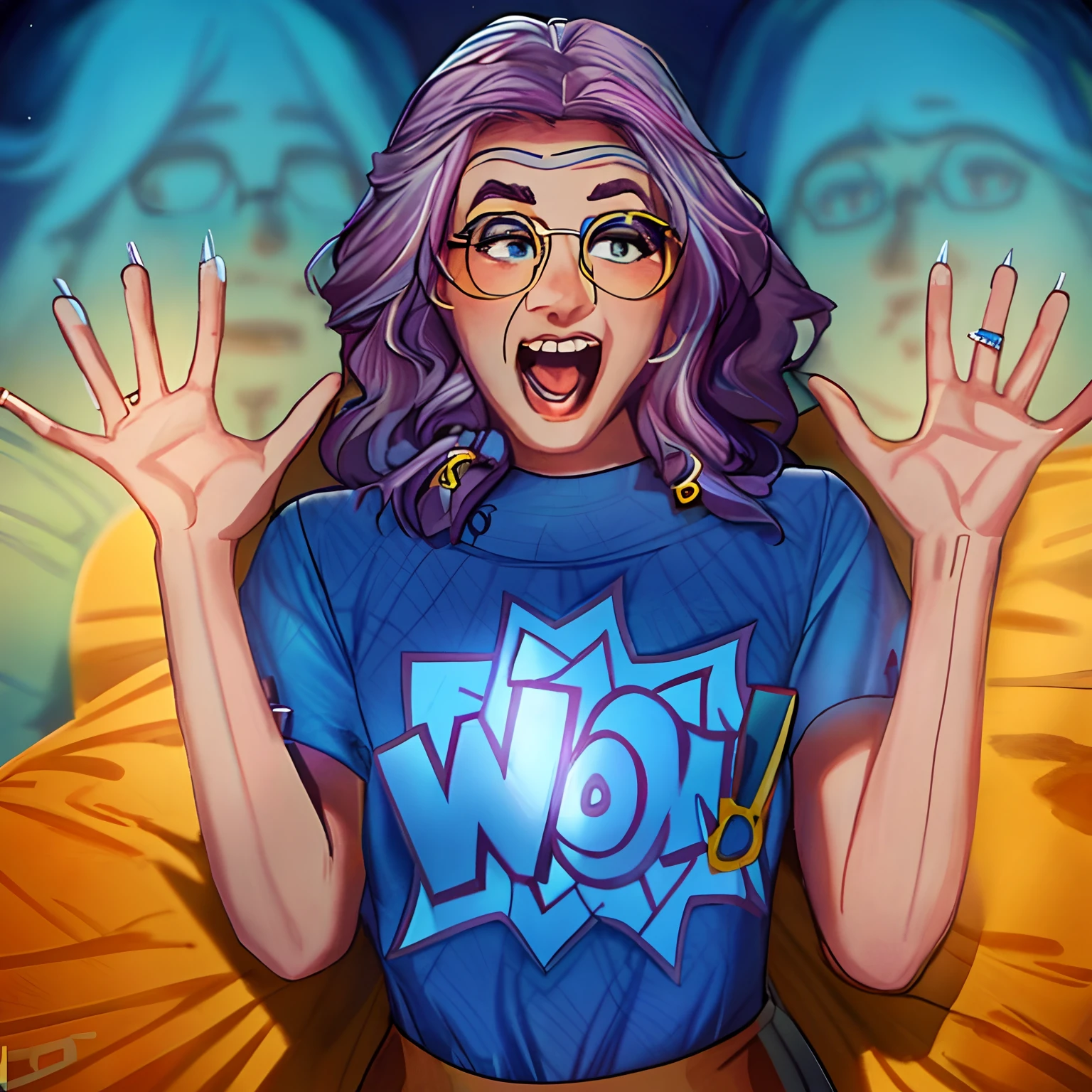 arafed woman with glasses and a blue shirt with a wow sign, wow!, wow, she wears harry potter glasses, very wow, much wow, cute woman, nerdy appearance, surprised expression, cartoon look, girl wearing round glasses, graphic tees, expressive surprised expression, comic character, whoa, comic book character, girl with glasses, surprised, nerd emoji, in the style of Leonardo Devince