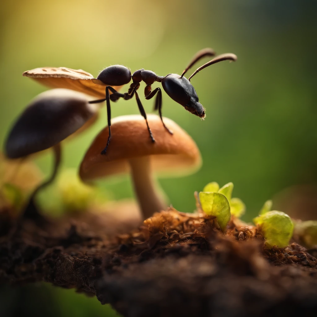 an ant on the top of mushroom