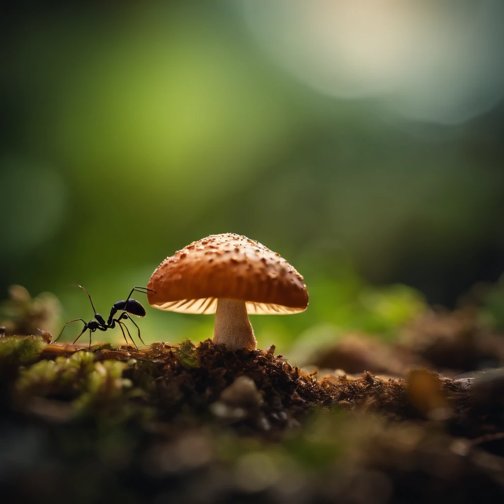 an ant on the top of mushroom