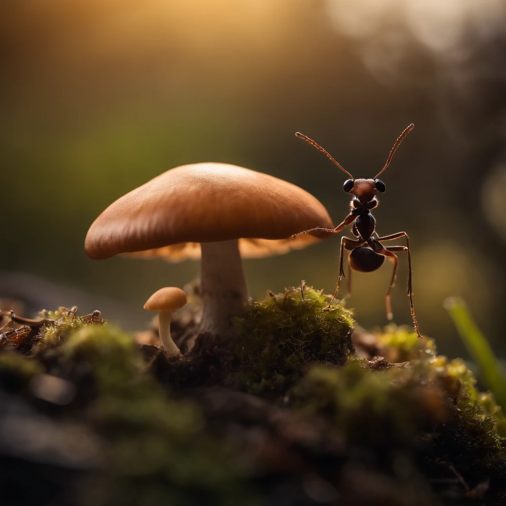 an ant on the top of mushroom