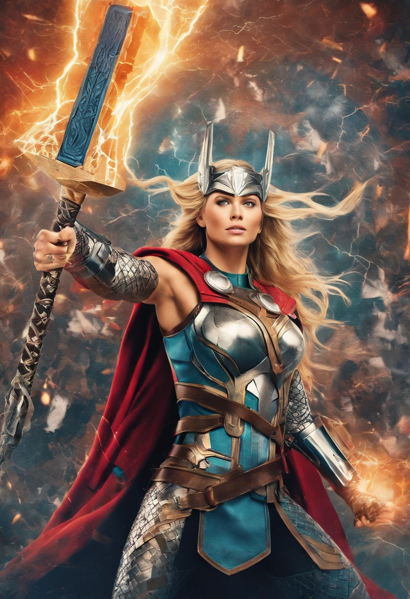 (best quality,4k,8k,highres,masterpiece:1.2),ultra-detailed,realistic montage of many scenes a waifu female thor with the Mjölnir thors hammer electric current