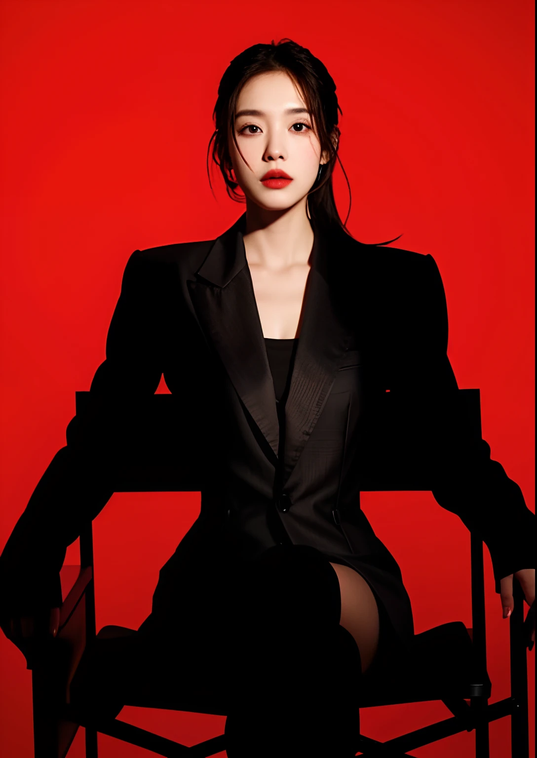 1 woman has an aura of leadership, shades of red and black