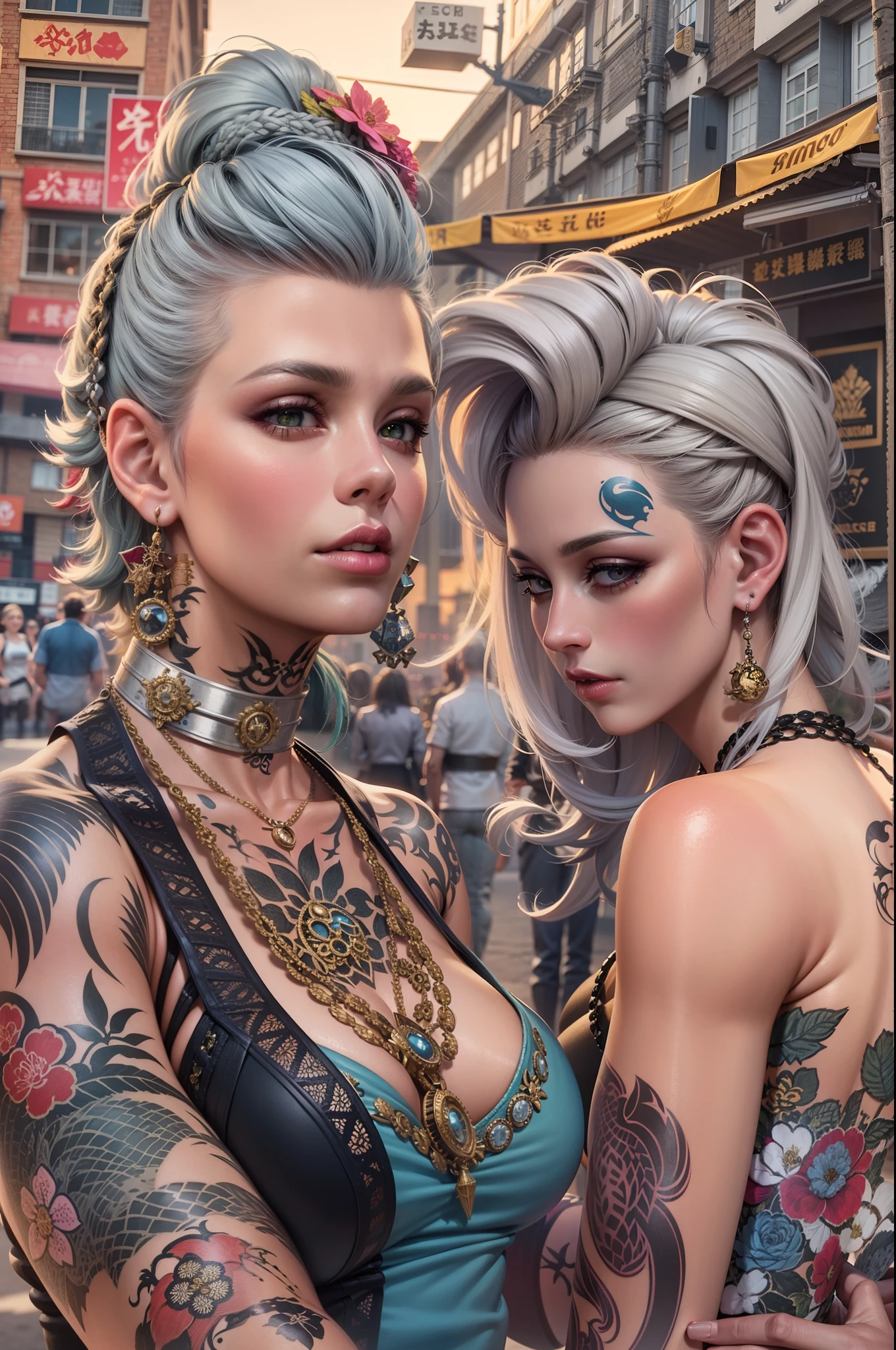 Punk-Rococo-tattoo-ukiyo-e style. Selfies of some very beautiful young Nordic women. They dress in an urban style, with a choker, Chains, Thick rings, Colorful hairstyles and improved military uniforms with colorful patches. They are located in the park next to the paved area. Extreme realism, insanely details, intricate composition, Cinematic quality, Perfect photography, Sublime colors.