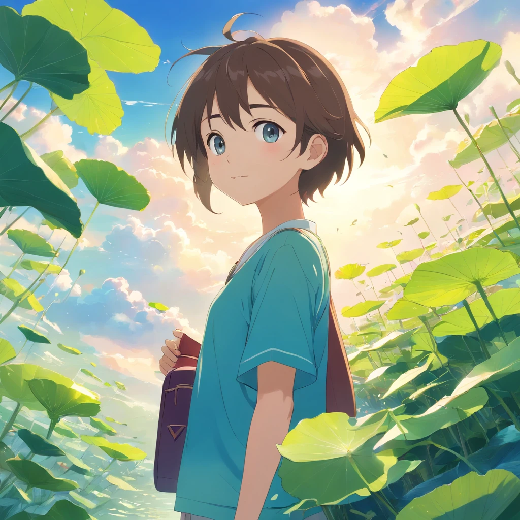 Blue sky, white clouds, green lotus leaves,Cute anime boy,The eyes have God,Mouth open,laughing very happily,Laugh heartily among the lotus bushes,Carrying a small school bag,wearing a hanfu,Raise your hand to shade the sun