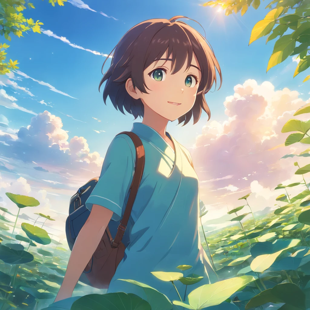 Blue sky, white clouds, green lotus leaves，Cute anime  boy，The eyes have God，Mouth open，laughing very happily，Laugh heartily among the lotus bushes，Carrying a small school bag，wearing a hanfu，Raise your hand to shade the sun