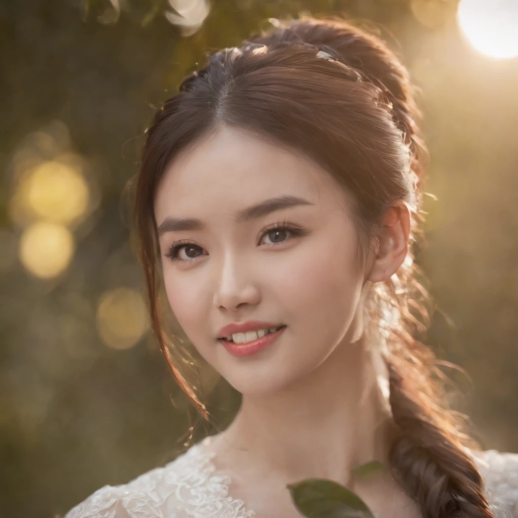 hyper photorealism, god light, Fuji colors, head out of frame, Close-up, hyper HD, Super detail, 16k，head portrait，a Korean girl，Laughed very happily，pony tails，light make-up
