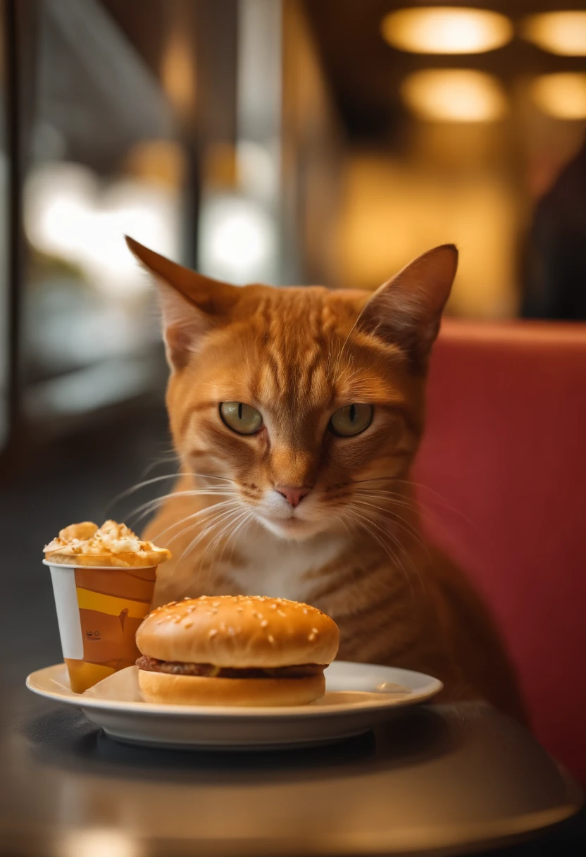 cat,Eating at McDonald's,Abyscilian cat,happy,On the couch