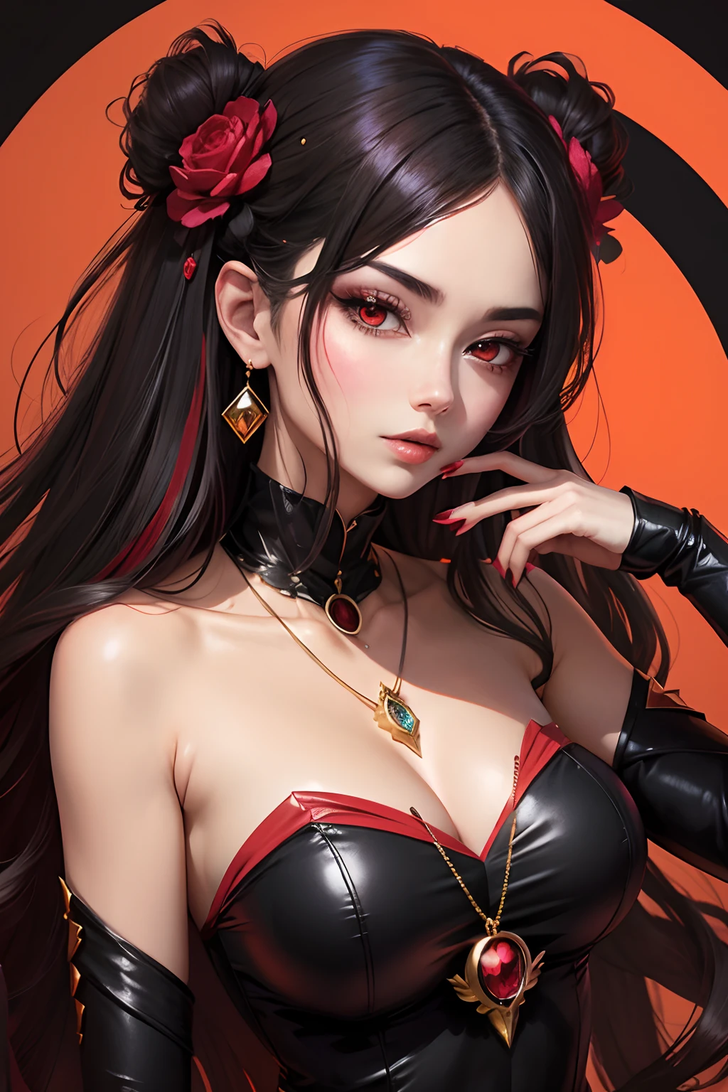 anime woman holding a locket with a gem on the center, black and red palette