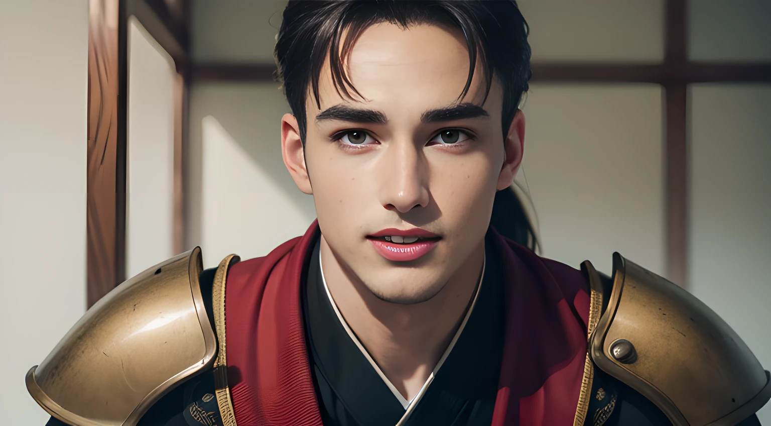 (((Men only))), ((head shot)), ((Pietro Boselli)), Ponytail, (wearing SAMURAI costume from Japan), (Japanese samurai had a distinctive appearance with traditional armor, swords, topknots, and often wore robes), ((Handsome muscle man in his 20s)), (Big smile), (detaile: 1 in 1), Natural muscles, HIG quality, beautidful eyes, (Detailed face and eyes), (Face、: 1 / 2), Noise, Real Photographics、... ......................................................................................................................PSD, Sharp Focus, High resolution 8K, realisitic & Professional Photography, 8K UHD, Soft lighting, High quality, Film grain, FujifilmXT3