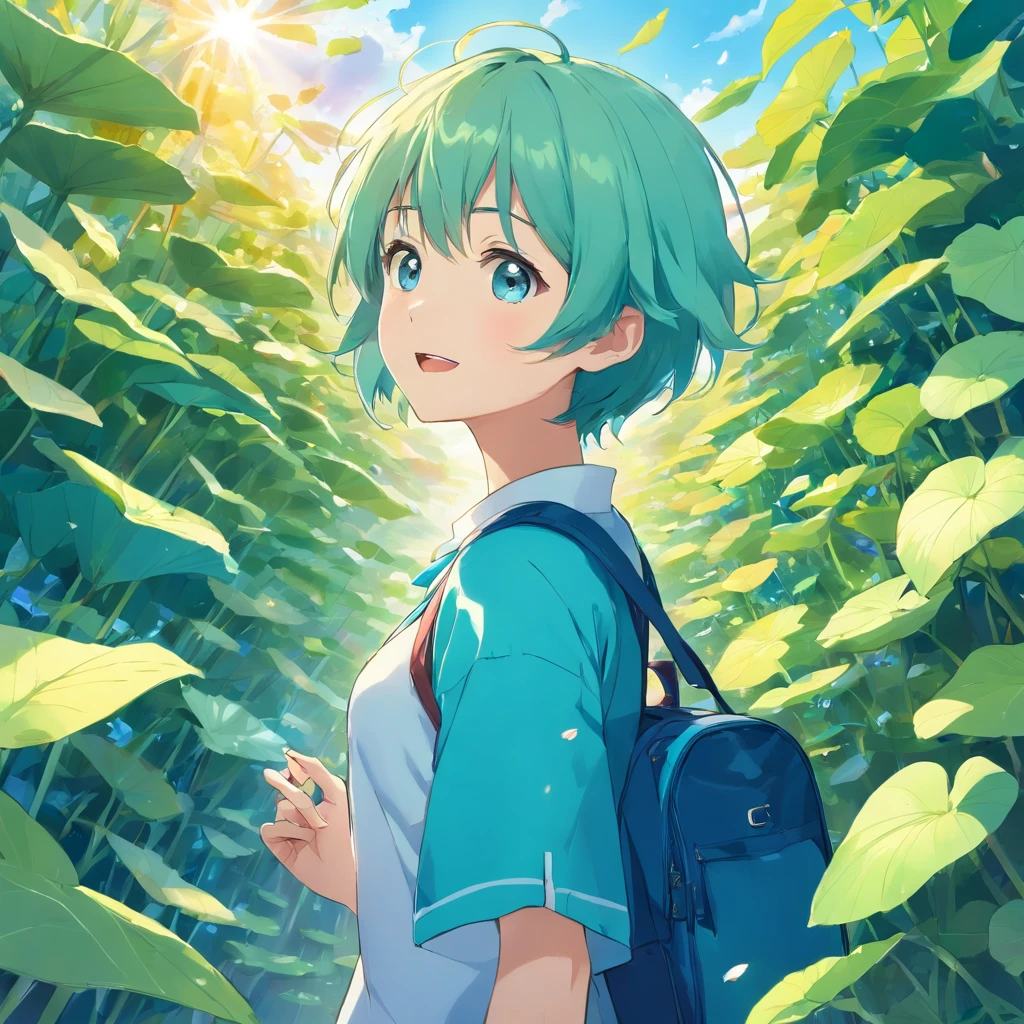Sky blue sky with turquoise lotus leaves，Cute anime boy，The eyes have God，Mouth open，laughing very happily，Laugh heartily among the lotus bushes，Carrying a small school bag，wearing a hanfu，Raise your hand to shade the sun