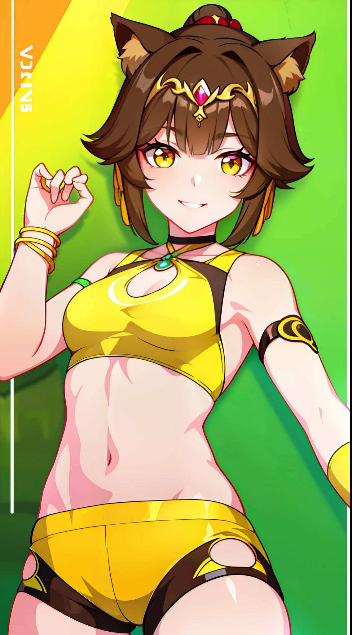 Young girl, short brown hair, high ponytail, heterochromya, green and yellow eyes, smile, cat ears, yellow tight sleeveless form, tight shorts, diadem, gold elements, She-Ra, Masterpiece, hiquality, 4k, HD, Good detail