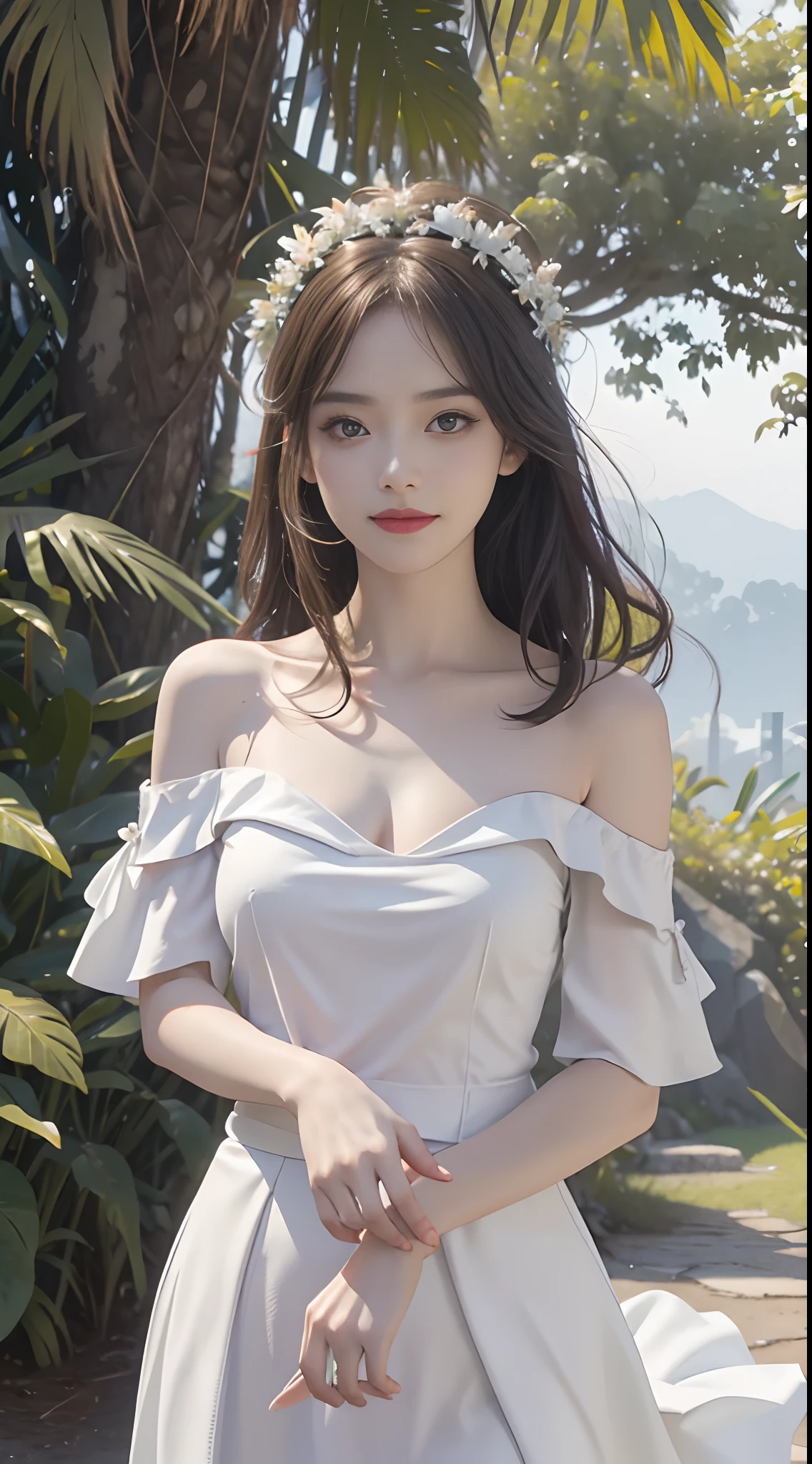 one-girl，Off-the-shoulder attire，The shoulder straps slip off，camisole，the original god，Paimon，Be red in the face，Close-up shot，sportrait，looks into camera，ssmile，White clothes，mediuml breasts，jungles，grassy fields，