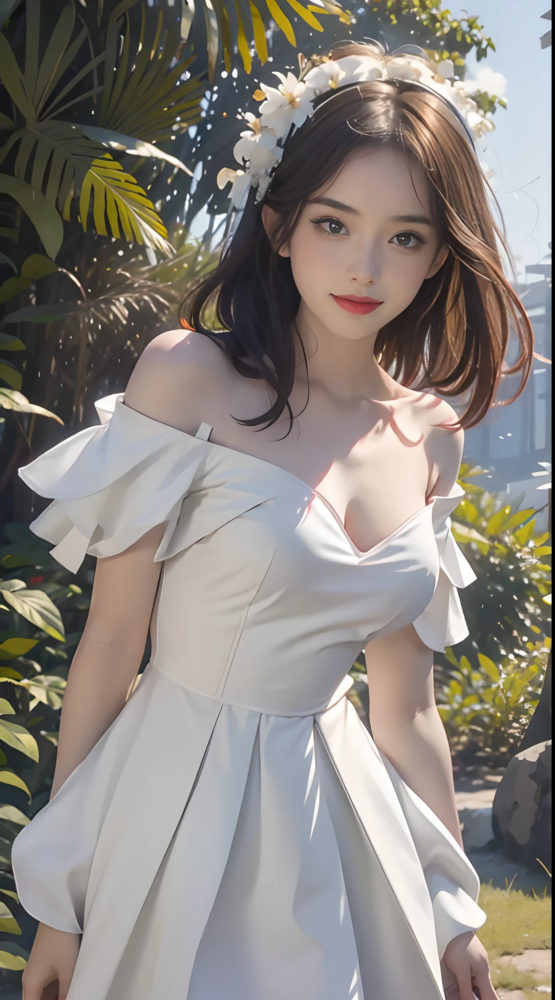 one-girl，Off-the-shoulder attire，The shoulder straps slip off，camisole，the original god，Paimon，Be red in the face，Close-up shot，sportrait，looks into camera，ssmile，White clothes，mediuml breasts，jungles，grassy fields，