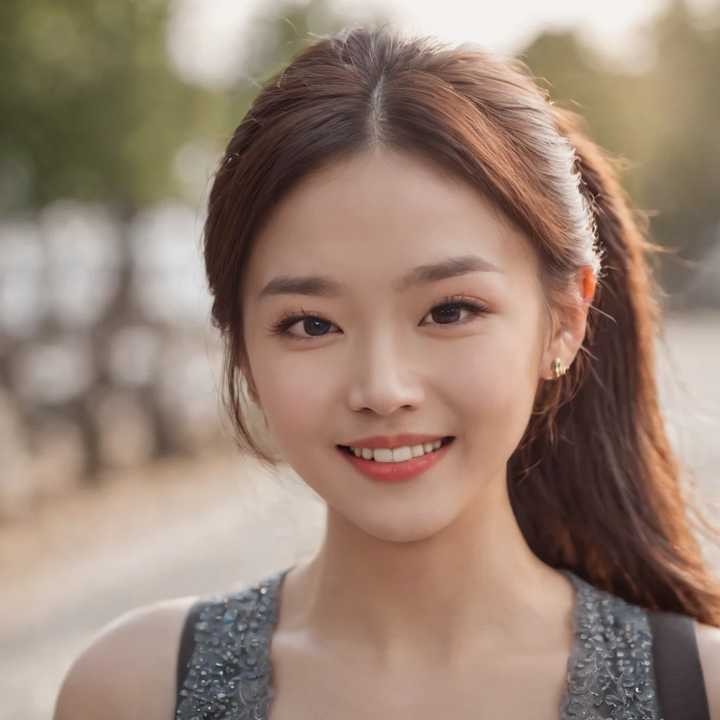 hyper photorealism, god light, Fuji colors, head out of frame, Close-up, hyper HD, Super detail, 16k,head portrait,a Korean girl,laughing very happily,pony tails,light make-up,sideface