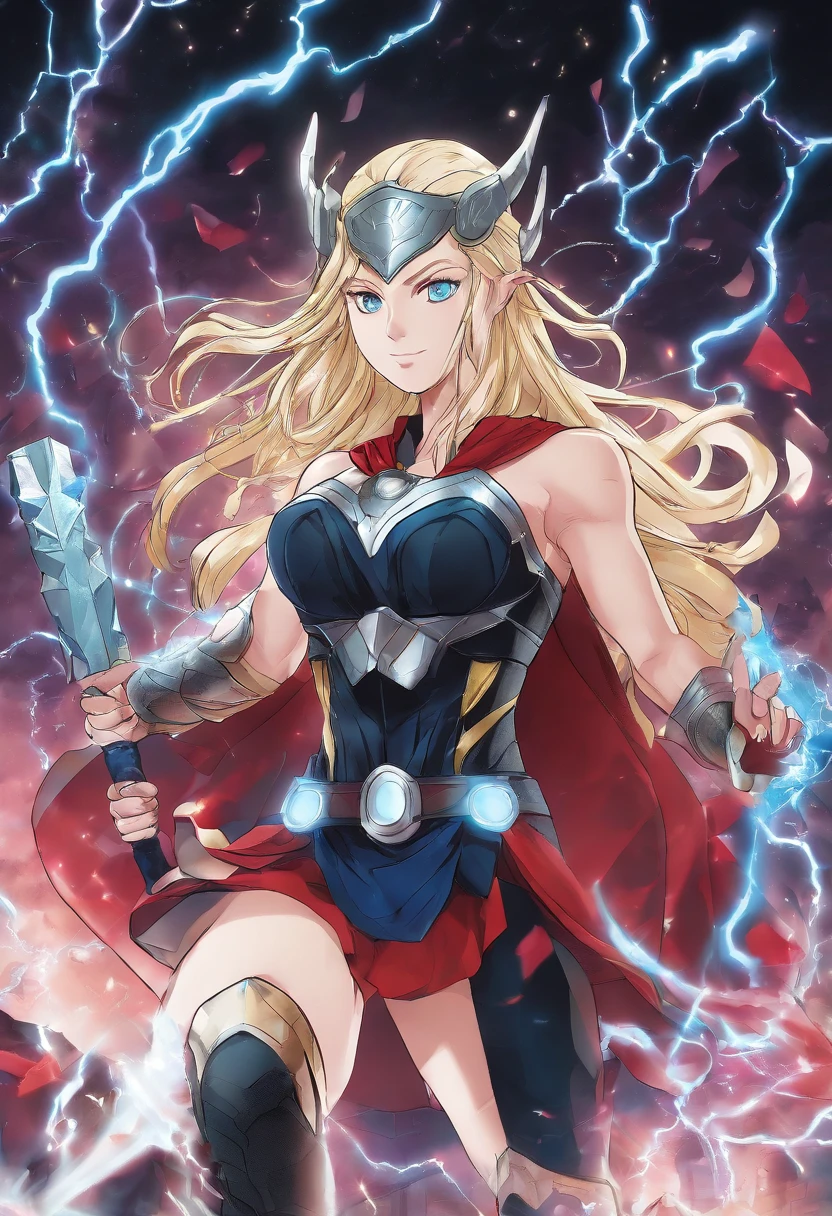 (best quality,4k,8k,highres,masterpiece:1.2),ultra-detailed,realistic montage of many scenes a waifu female thor with the Mjölnir thors hammer electric current