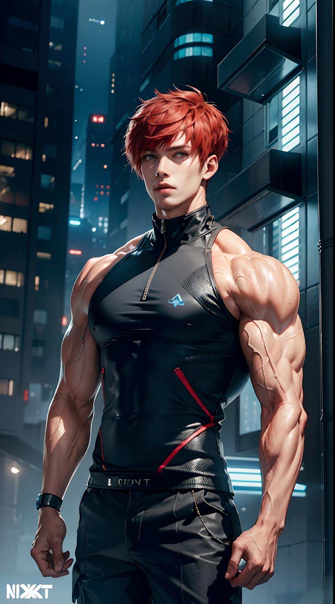 realistic, (masterpiece, top quality, best quality, official art, beautiful and aesthetic:1.2), extremely detailed,fractal art,colorful,highest detailed,zentangle, (1boy:1.3), Handsome man , ((red hair)) , ((short cut hair style:1)) , tall , ((muscular:1.7)) , light skin , Red eyes , age 32, wearing Black sleeveless turtleneck, black cargo pants , black books , light blue accents, techwear, high fashion , city wear , hoodie ,  ,((futuristic city background:1.4))