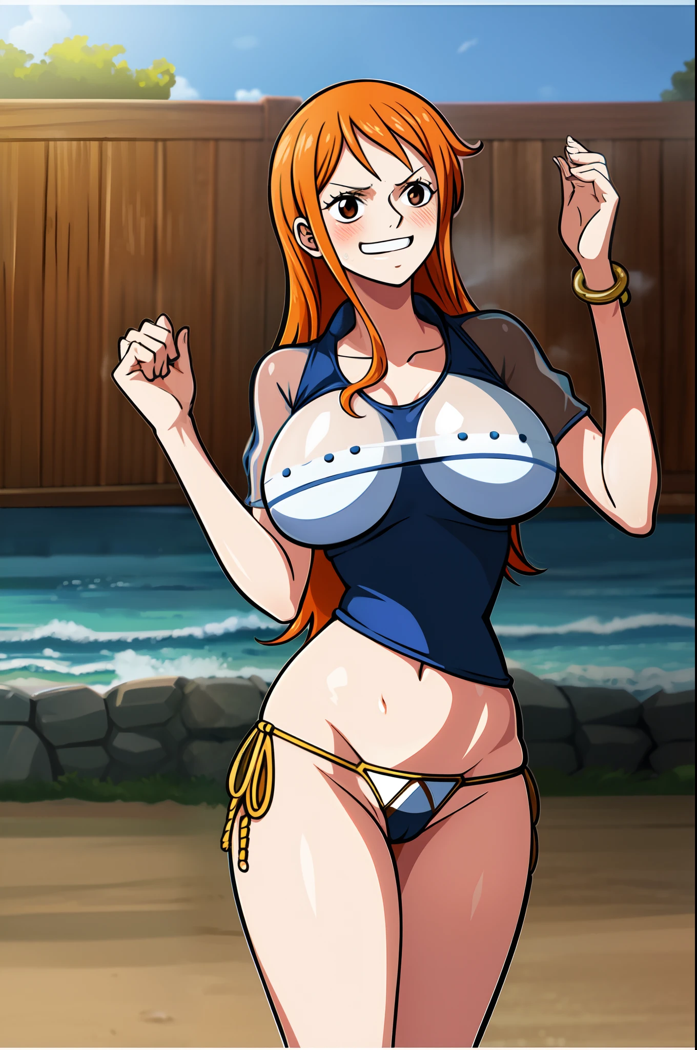 best quality,beautiful detailed eyes, hentai, Nami from one piece, clearly, long orange hair, brown eyes, joyful expression, (Thong:1.1), (transparent white top:1.1),Big tits, light blush, sweaty,vibrant colors, steam, lustrous skin,see thru clothes, Standing on the beach, dynamic pose, see thru, see thru clothes, visible, big , erect , cum,dripcum