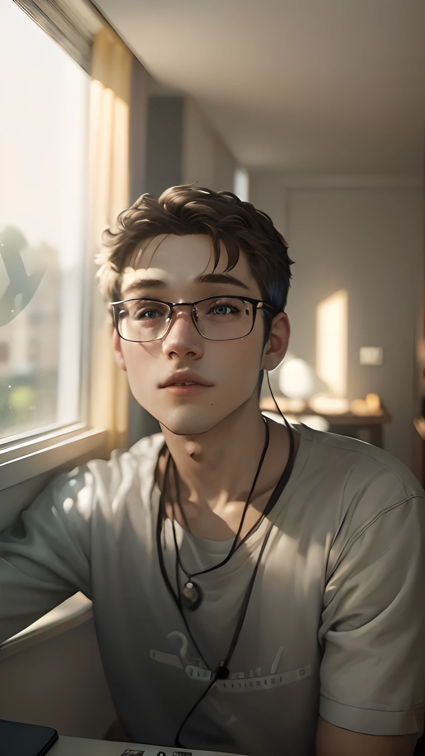 A boy in a room, Caucasian , listening to lofi on his pc through headphones, while studying, sitting just next to window and outside street lights are on but no one is there, normal Germen town type. Caucasian, Photorealistic, ultra - high definition, intricate details, manual focus, kadak portra 400nc, SMC Pentax 75mm F2.8AL 
(8k, raw photo), film grain, ultra high res, ultra-detailed, (ultra skin details),incredibly absurd, strong rim light, instagram, outdoors,(extremely detailed face),