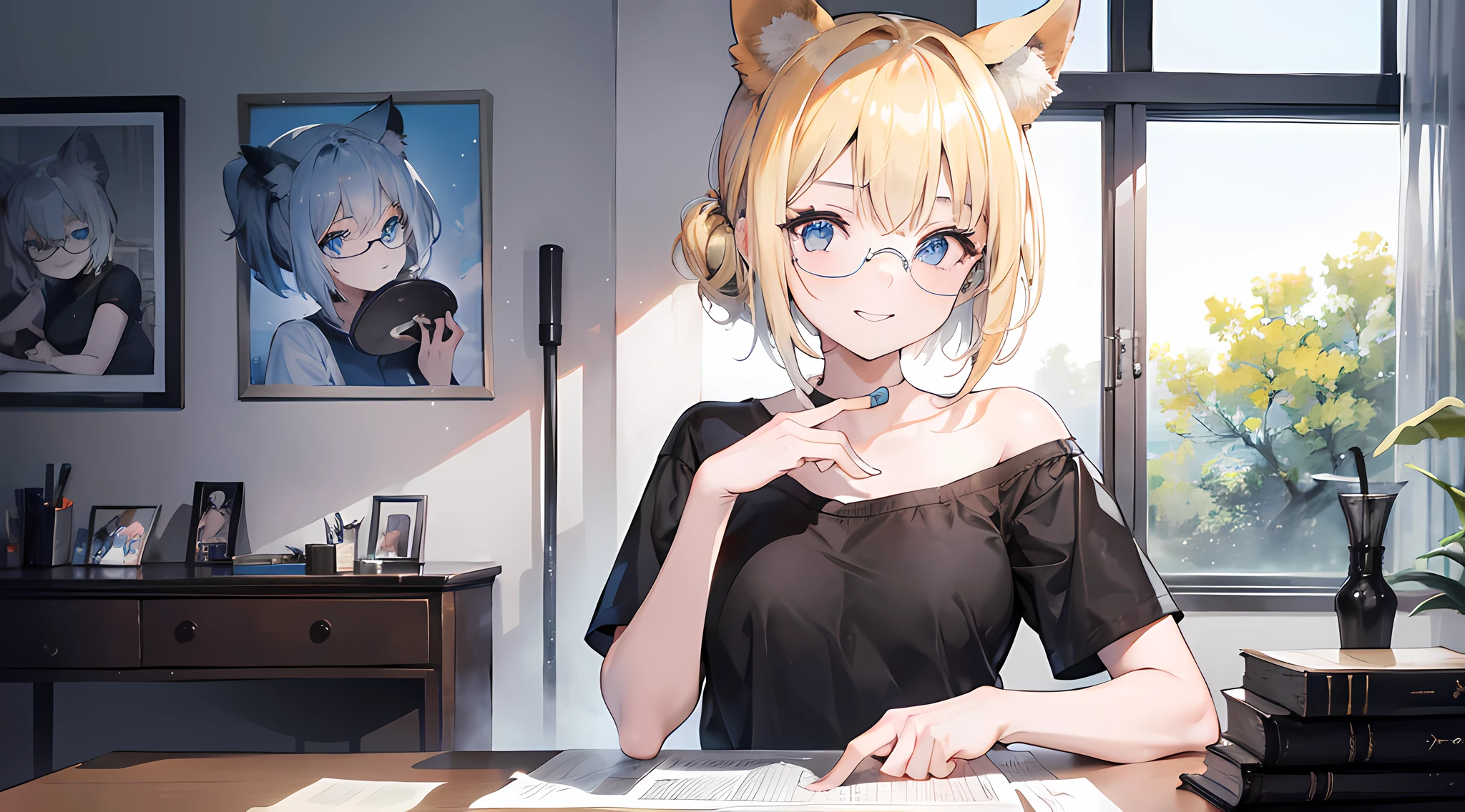 a young girl, have dog ears and tail, short blonde hair with a left short side pony, blue eyes with big round circle glasses, small breast, no mask, wearing short sleeve plain black shirt, expose only right shoulder, room, absurdres, 8K, high res, ultrasharp, masterpiece, sitting on a desk, holding music sheet, kon hand sign, looking at viewer, grin smile,