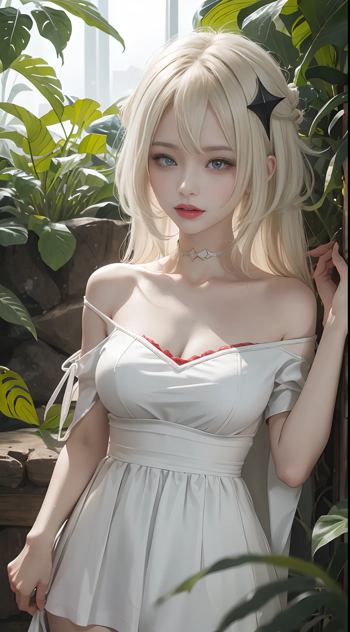 one-girl，Off-the-shoulder attire，The shoulder straps slip off，camisole，the original god，Paimon，Be red in the face，Close-up shot，sportrait，looks into camera，ssmile，White clothes，mediuml breasts，jungles，grassy fields，