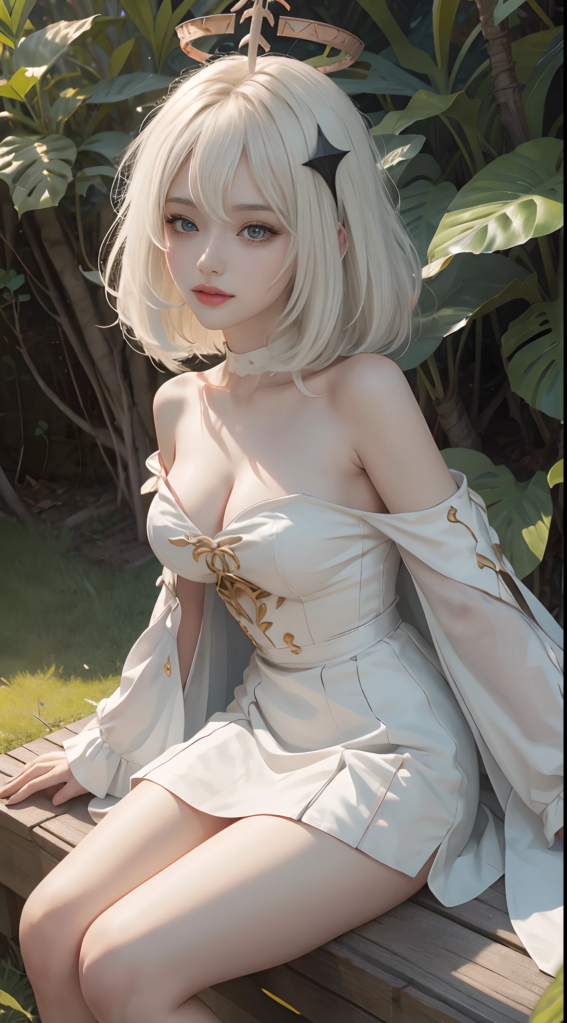 one-girl，Off-the-shoulder attire，The shoulder straps slip off，camisole，the original god，Paimon，Be red in the face，Close-up shot，sportrait，looks into camera，ssmile，White clothes，mediuml breasts，jungles，grassy fields，