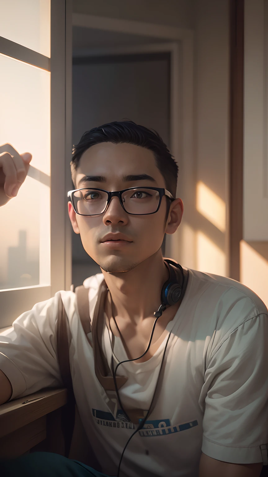 A boy in a room, listening to lofi on his pc through headphones, while studying, sitting just next to window and outside street lights are on but no one is there, normal Germen town type. Photorealistic, ultra - high definition, intricate details, manual focus, kadak portra 400nc, SMC Pentax 75mm F2.8AL 
(8k, raw photo), film grain, ultra high res, ultra-detailed, (ultra skin details),incredibly absurd, strong rim light, instagram, outdoors,(extremely detailed face),