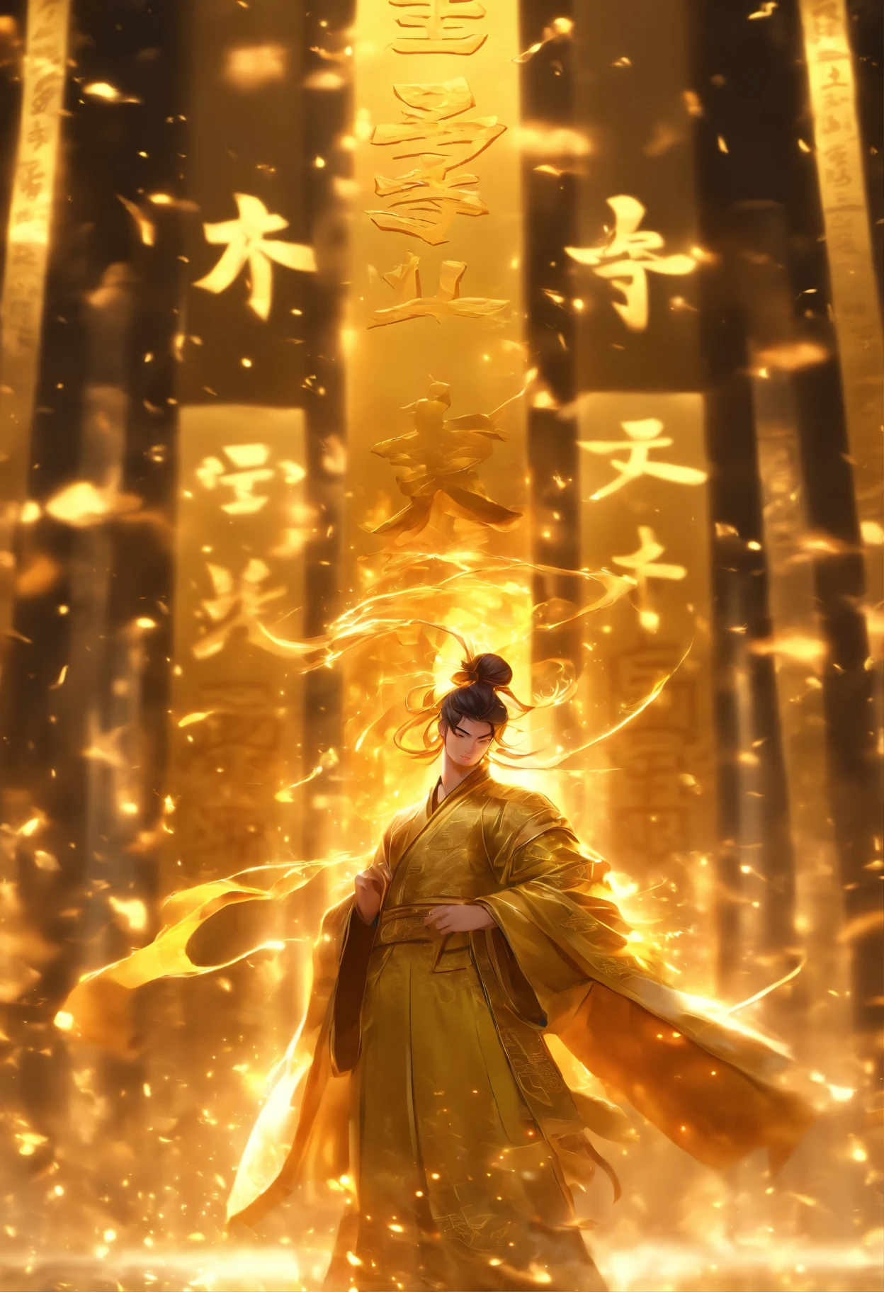 1boys,Solo,Young scholars of ancient China,Holding a golden brush,Writing is in full swing,(Transparent glowing golden Chinese characters hovered in midair:2),Vertical text,glittery,Scholar in blue robes,Long flowing hair flutters in the wind,16k, hyper HD, high resolution, Very detailed, Best image quality,dynamicposes,(20 columns of Chinese characters:1.6),arranged in an orderly fashion