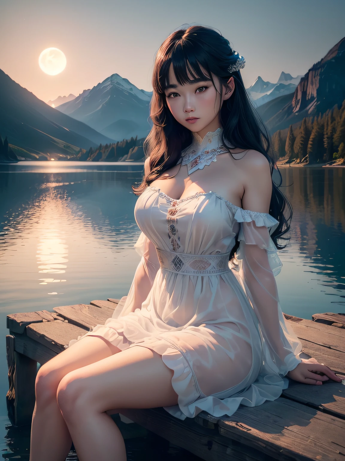 ((top-quality、8K、masterpiece:1.3)),Lake surrounded by mountains,1 Full Moon on the Mountain,Mysterious soft light illumination of the moon,Sit by the lake,Beautuful Women,Mystical good looks,1girl in,crystal clear silk dress, (8K) (Dark and fantastic lighting) (Cinematic), (Dramatic), (foco nítido)