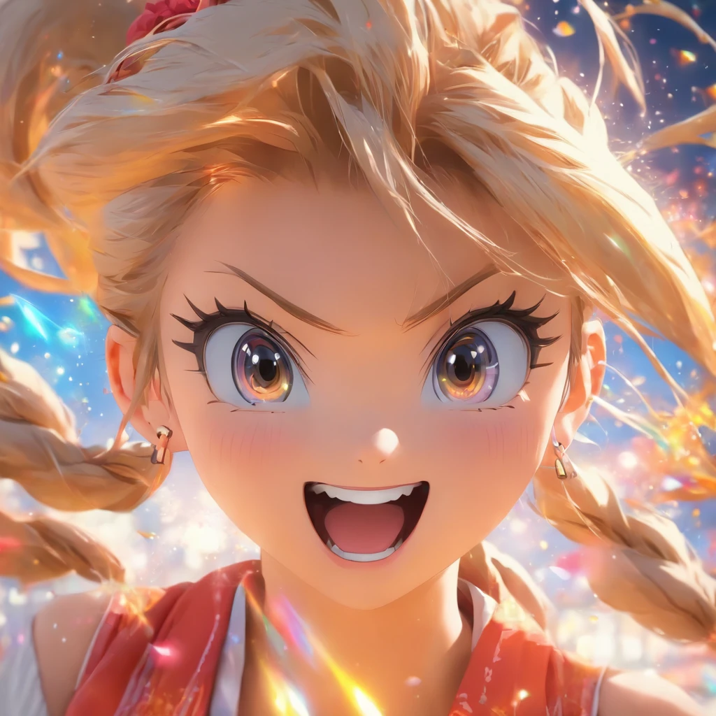 hyper photorealism, god light, Fuji colors, head out of frame, Close-up, hyper HD, Super detail, 16k,head portrait,a Korean girl,laughing very happily,pony tails,light make-up,sideface