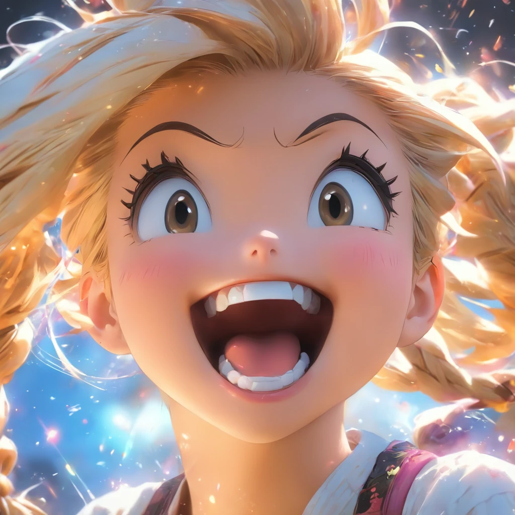 hyper photorealism, god light, Fuji colors, head out of frame, Close-up, hyper HD, Super detail, 16k,head portrait,a Korean girl,laughing very happily,pony tails,light make-up,sideface