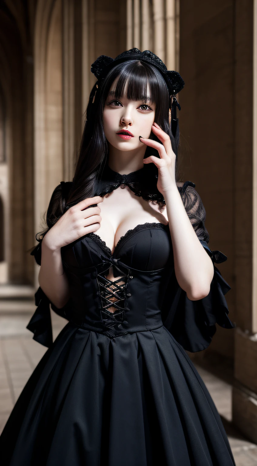 Gothic lolita、Arm Spread Pose、⦅Skin revealing⦆、Breasts、crisp image、absolutely outstanding image, very extremely beautiful、masterpiece, top-quality,a picture, kawaii、⦅Colossal tits:1.2⦆,8k、In the church of Gothic architecture