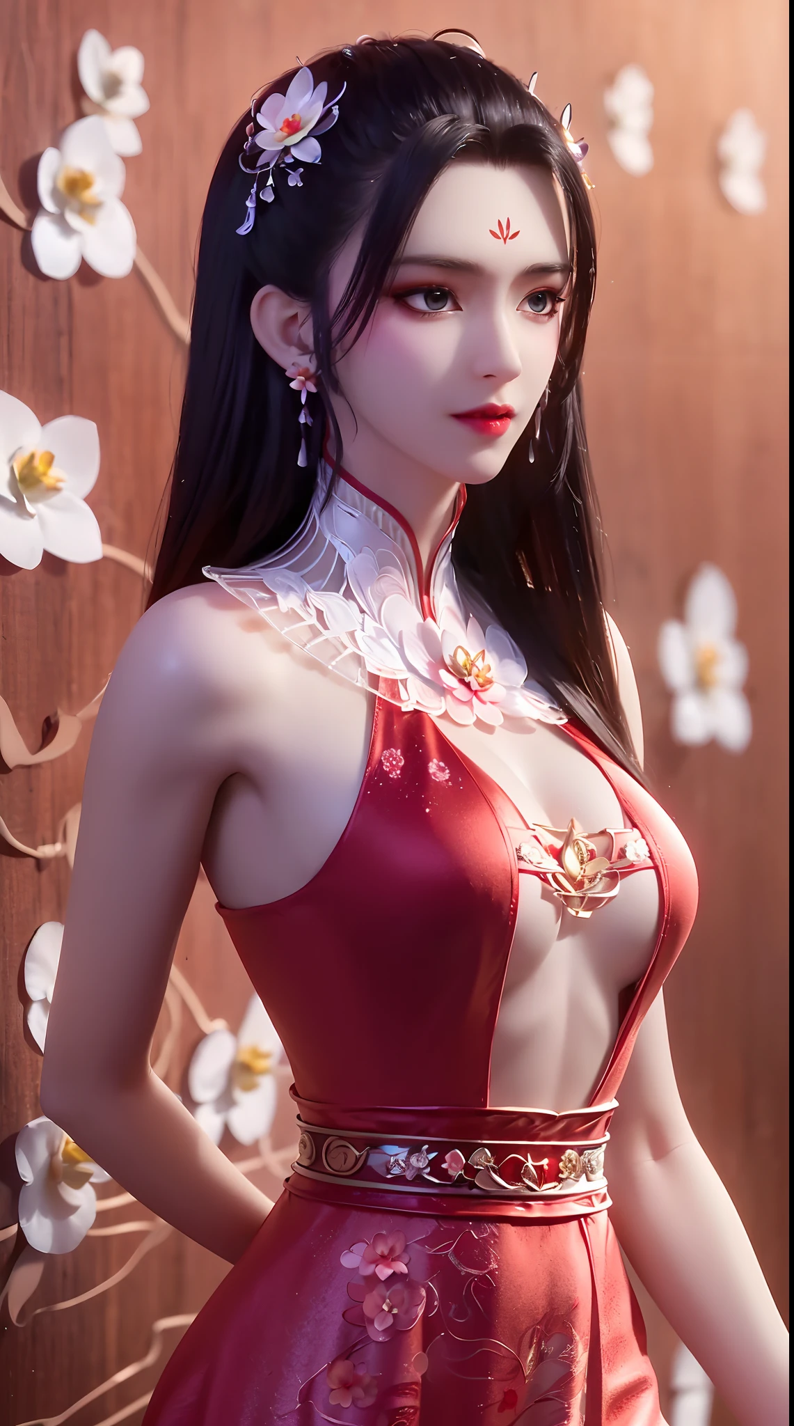 A beautiful and sexy 20 year old girl, ((wearing a super thin red dress:1.8)), a dress with diamonds, ((long platinum hair:1.6)), bangs, jewelry elaborately made from precious stones and beautiful hair, ((wearing a black lace necklace:1.4))), the noble, noble style of an extremely beautiful girl, her small face is super cute, her face is very pretty, thin eyebrows, flawless beautiful face, ((black eye pupils: 0.8)), very beautiful eyes, ((light red eyes: 1.5)), nice makeup and hair detailed eyelashes, steamy eye makeup, high nose, earrings, red lips, ((closed mouth: 1;5 )) beautiful lips, slim hands, most beautiful thighs, ((arms spread out to the sides: 1.5) ), rosy face, clean face, flawless beautiful face, smooth white skin, (big breasts: 1.5)), ((high breasts: 1.6) ), tight breasts, beautiful cleavage, (((big breasts and super round: 1.8))), ((super tight breasts: 1.7)) , beautiful breasts, back arms, chest out, thin black mesh stockings with black lace trim, 8k photo, super high quality, super realistic, super 10x pixels, optical, bright studio, bright edges, dual-tone lighting, (high-detail skin:1.2), super 8k, soft lighting, high quality, volumetric lighting, photorealistic, photorealistic high resolution, lighting, best photo, 4k, 8k quality, blur effect, smooth sharp, 10 x pixel, ((red flower background:1.7)), aurora, lightning, super graphics realistic, most realistic graphics, alone, solo, Extremely sharp image, surreal, girl's upper body, (((frontal portrait: 1.6)))."