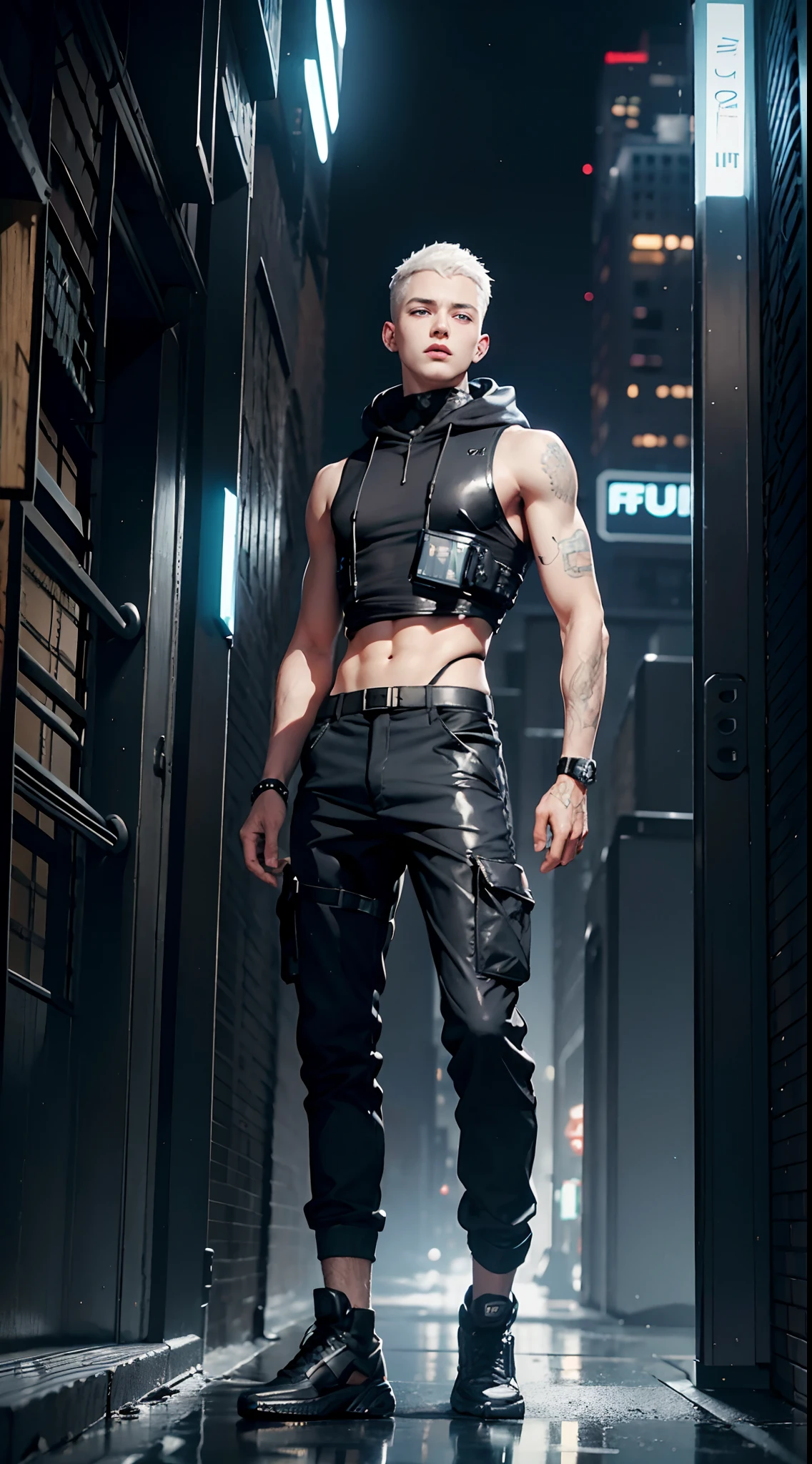realistic, (masterpiece, top quality, best quality, official art, beautiful and aesthetic:1.2), extremely detailed,fractal art,colorful,highest detailed,zentangle, (1boy:1.3), Handsome man , White hair , very Short hair, ((crew cut hair style:1 )) , Blue eyes , light skin , ((muscular:1)),masculine ,age 28, wearing Black sleeveless turtleneck, black cargo pants , black books , light blue accents, techwear, high fashion , city wear , hoodie , ,((futuristic city background:1.4))