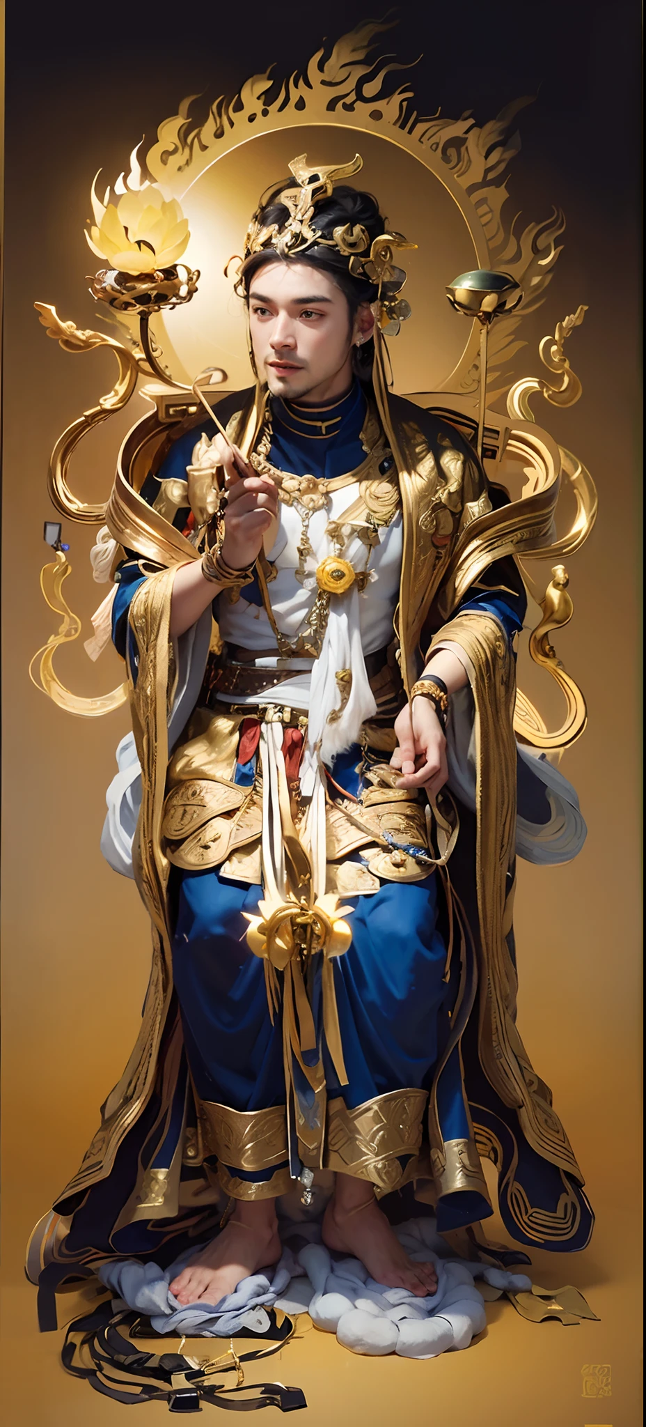 Handsome man, mythical character，(((com um rosto quadrado)))，nobles，Gentle king，One meter nine，small heads，long leges，Tall guy，com um rosto quadrado，Strong facial muscles，Peng Yuyan，（((little beard))）,(((Hold the lotus stem in one hand:1.1)))，(Red ball)，(lotus flower)，Basketball player body proportions，Roman model，European people，looking toward the viewer，Blue pupil，The body is well-proportioned，Long legs，Straight back，Fitness trainer，Movie stars are glamorous,(((Heads-up)))，Handsome，Westerners，muscular face，Muscular body，Perfect proportions，The muscles have expressions in both eyes，King Yan Luo stared ahead，(((Golden lotus throne)))，The man wears a white shirt，(((Ancient Roman clothing)))，silkouette，White yarn，There are muscles，(((Ancient Roman white clothes)))，Shirtless，，(((Head background with round light)))，(((Behind it is the sun)))，(((The man emits a bright and dazzling light)))，King Yan took away the metal weapon，Take the Skeleton Staff as an example，Barefoot on both feet，Step on the nasturtium，photorealestic，professional photoshooting，Realiy，超高分辨率，tmasterpiece，