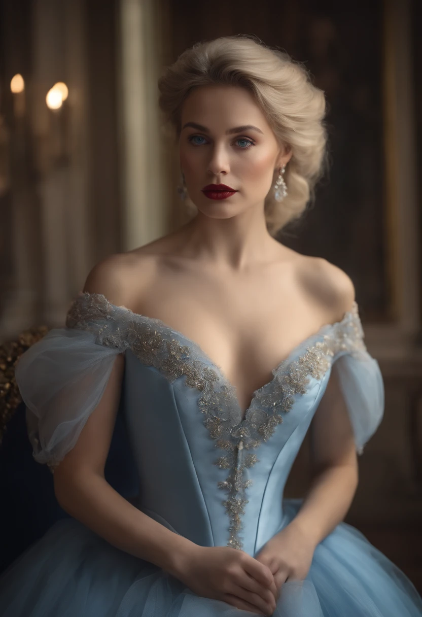 portrait of a woman of balzac age, ball gown, pastel, blonde hair gathered and lifted up, accent on the eyes, blue, scarlet full lips, cleavage area, 4k quality, natural light