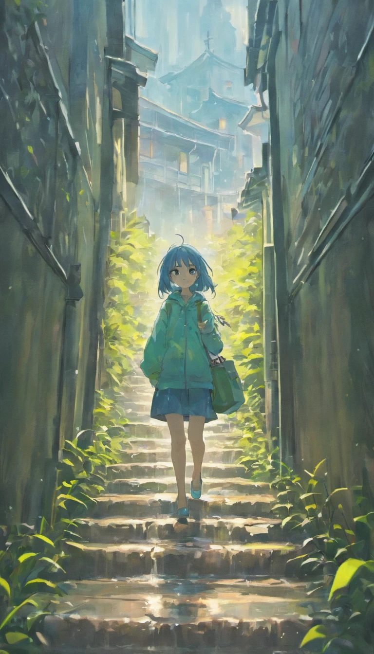 summer day，rainy day
place:outside，small village
(in a panoramic view)Rainy sky，The lens slowly rotates and pans down，The whole village was hazy in the rain，The camera stops above a small white chapel，Overlook the church。