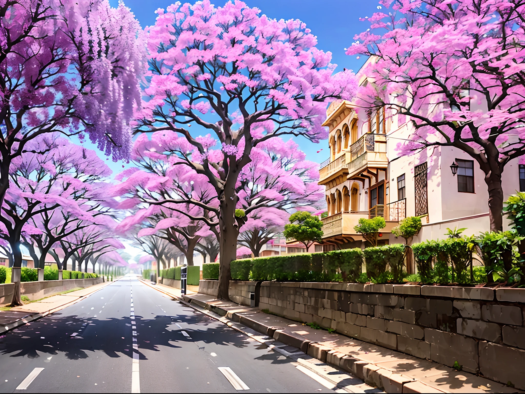 A beautiful city with Yemen architecture and jacaranda trees on road