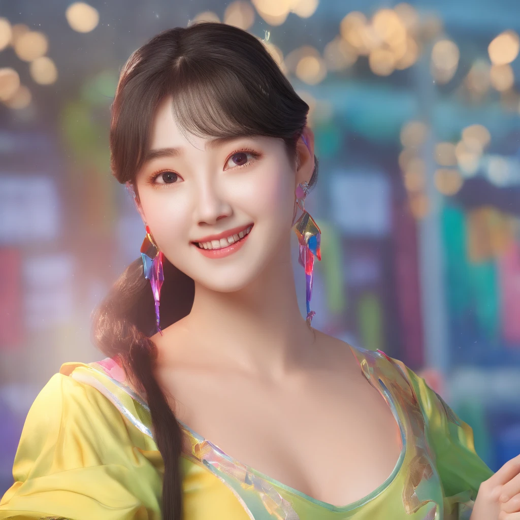 hyper photorealism, god light, Fuji colors, head out of frame, Close-up, hyper HD, Super detail, 16k,head portrait,a Korean girl,laughing very happily,pony tails,light make-up,sideface