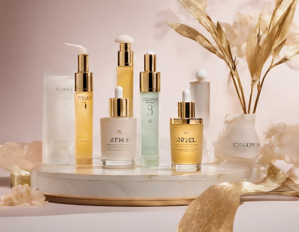 An enticing banner showcasing the luxurious range of "Beauty of Joseon" cosmetics. Feature close-ups of droplets on skincare bottles, the texture of creams, and the shimmer of serums. Medium: Macro Photography. Style: High-end, glossy magazine aesthetic with Korean traditional undertones. Lighting: Dramatic side-lighting to emphasize product details. Colors: Neutral palette with gold and silver accents from the product labels. Composition: Nikon D850 DSLR, Nikkor 105mm f/2.8G IF-ED lens, Resolution 45.7 megapixels, ISO sensitivity: 64, Shutter speed 1/200 second. Prominently display the call-to-action "Go to the collection" in a stylish font. --ar 16:9 --v 5.1 --style raw --s 750