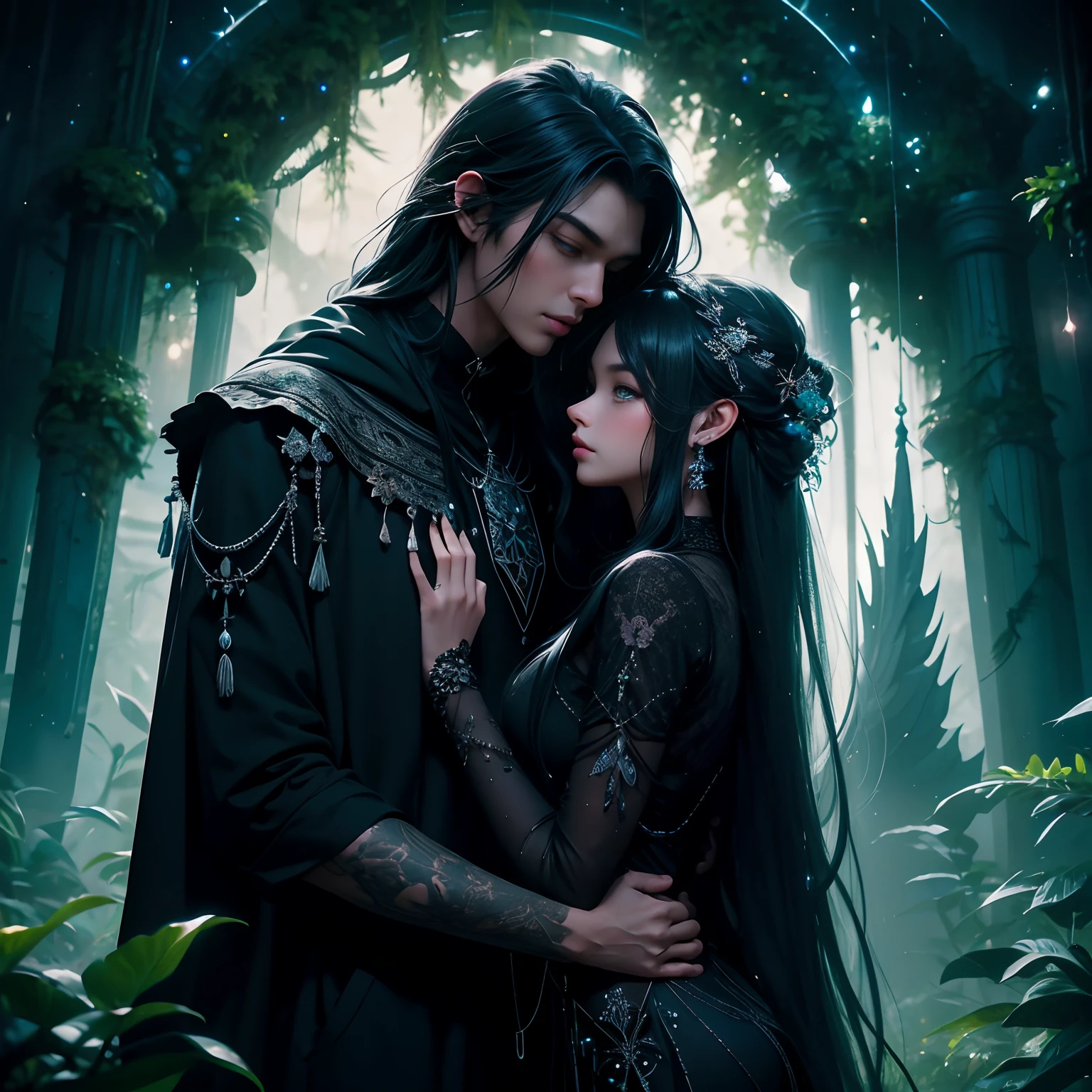 "Selective focus, low angle, Guweiz's style, fairy dust trails drift on the night breeze amid softly glowing wisps, a magical dark jungle glade sheltered beneath towering ancient rainforest trees resonates with a serene primal ambience on a moonlit night, strands of string lights woven through vines and branches, a beautiful dark elf lays dreaming beneath the stars and bioluminescent flora wrapped in a long black cloak with intricate silver embroidery, gracefully pointed features peeking from tousled locks illuminated by a wisp drifting overhead, listening to the jungle's midnight song,