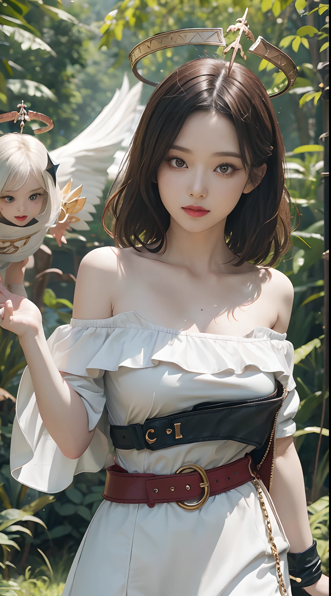 one-girl，Off-the-shoulder attire，The shoulder straps slip off，camisole，the original god，Paimon，Be red in the face，Close-up shot，sportrait，looks into camera，ssmile，White clothes，mediuml breasts，jungles，grassy fields，