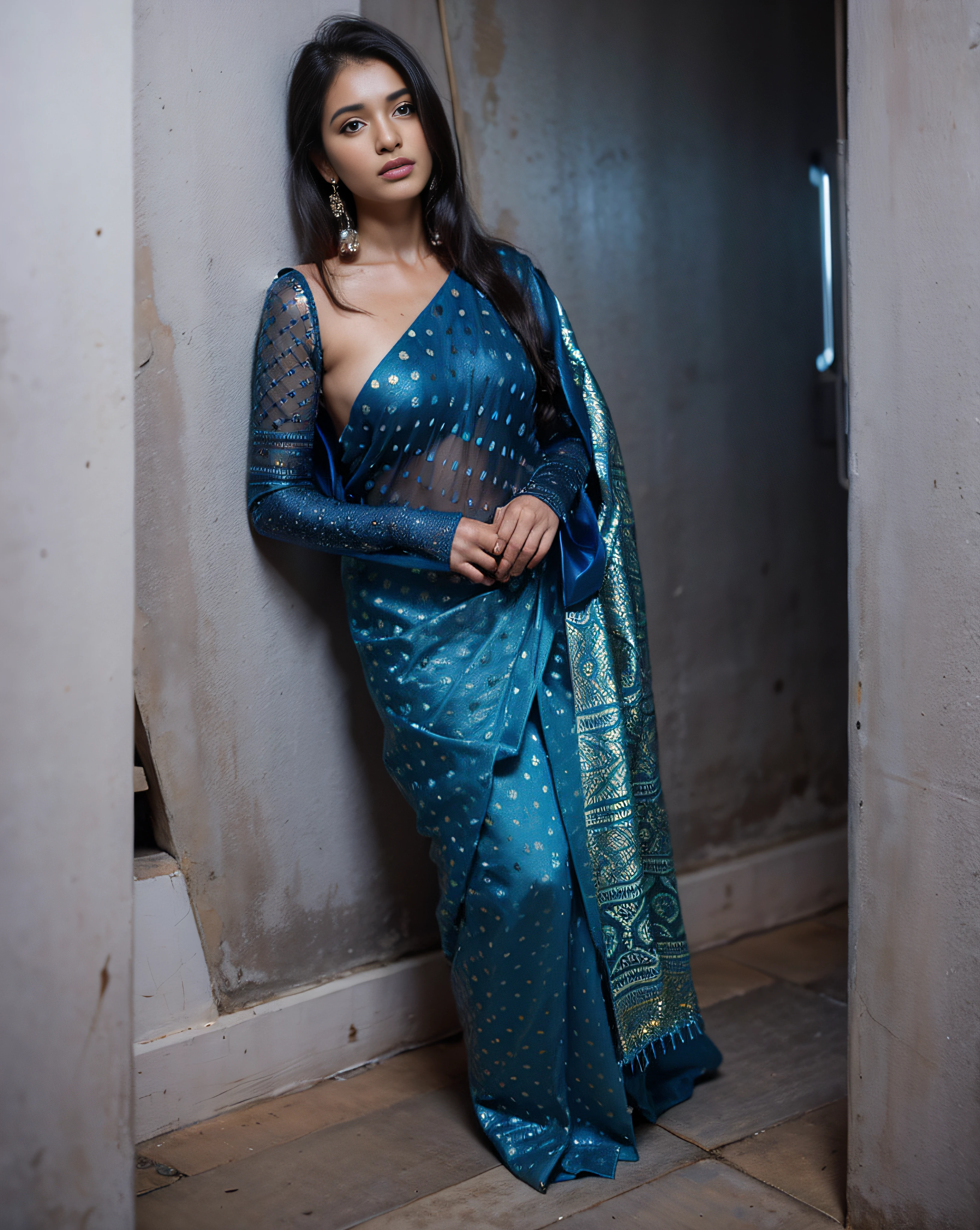 a woman with big breast in a blue sari standing against a wall, gray colored traditional wear, very extremely beautiful, very beautiful, beautiful gorgeous, beautiful, traditional beauty, extremely beautiful, beautiful look, very very beautiful, very beautiful enga style, with lovely look, satin, gorgeous lady, beautifull, wonderful, mesmerising, stunning beautiful, beutiful, extremely intricate, sari,  ((film grain, skin details, high detailed skin texture, 8k hdr, dslr)), photography taken by sony DSLR, Hd image