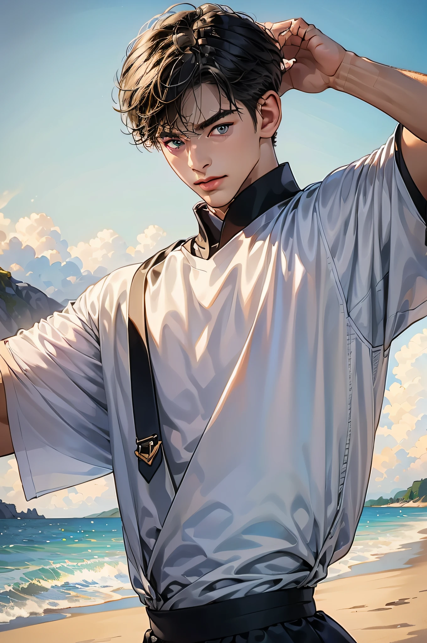 (in 8K、top-quality、masterpiece:1.2)、1 boy、short-haired、Hair short、Brown-skinned、Black View、