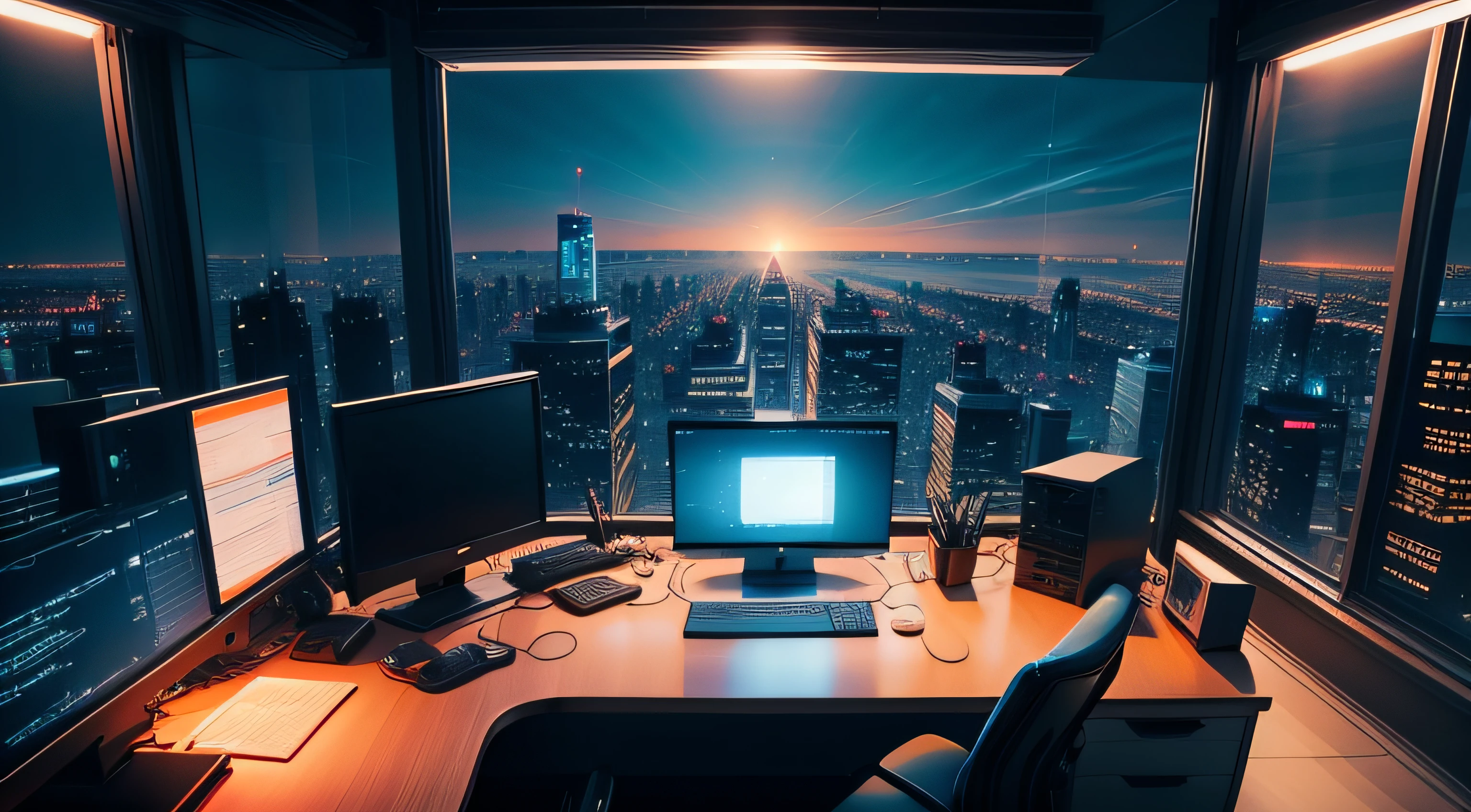 office at night, many computer on, high office, city skyline view, blue and orange color scheme, technological atmosphere