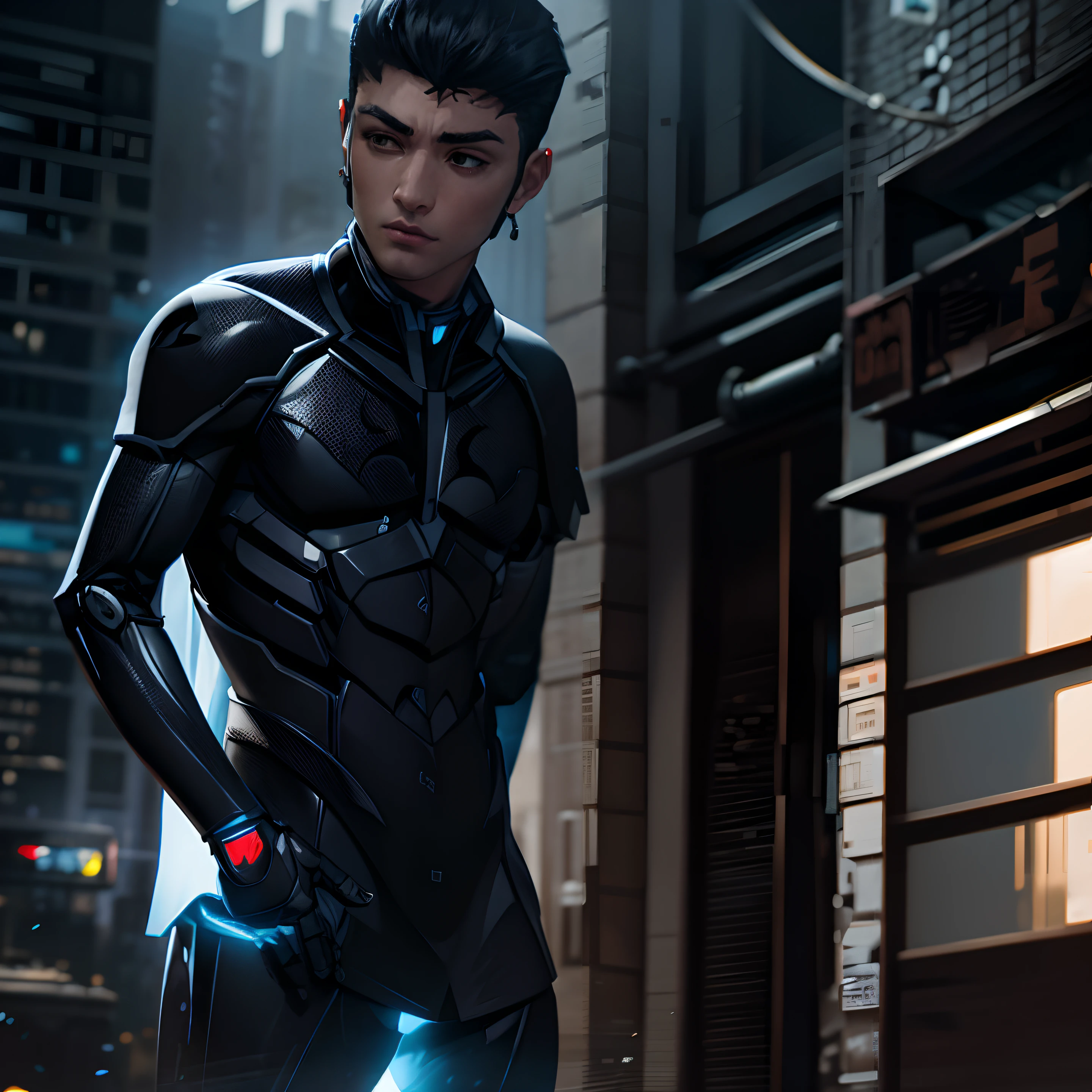 Wear robot batman armor. Ultra detail, cyberpunk style, dramatic lighting, professional photography, masterpiece, iron mecha arms.