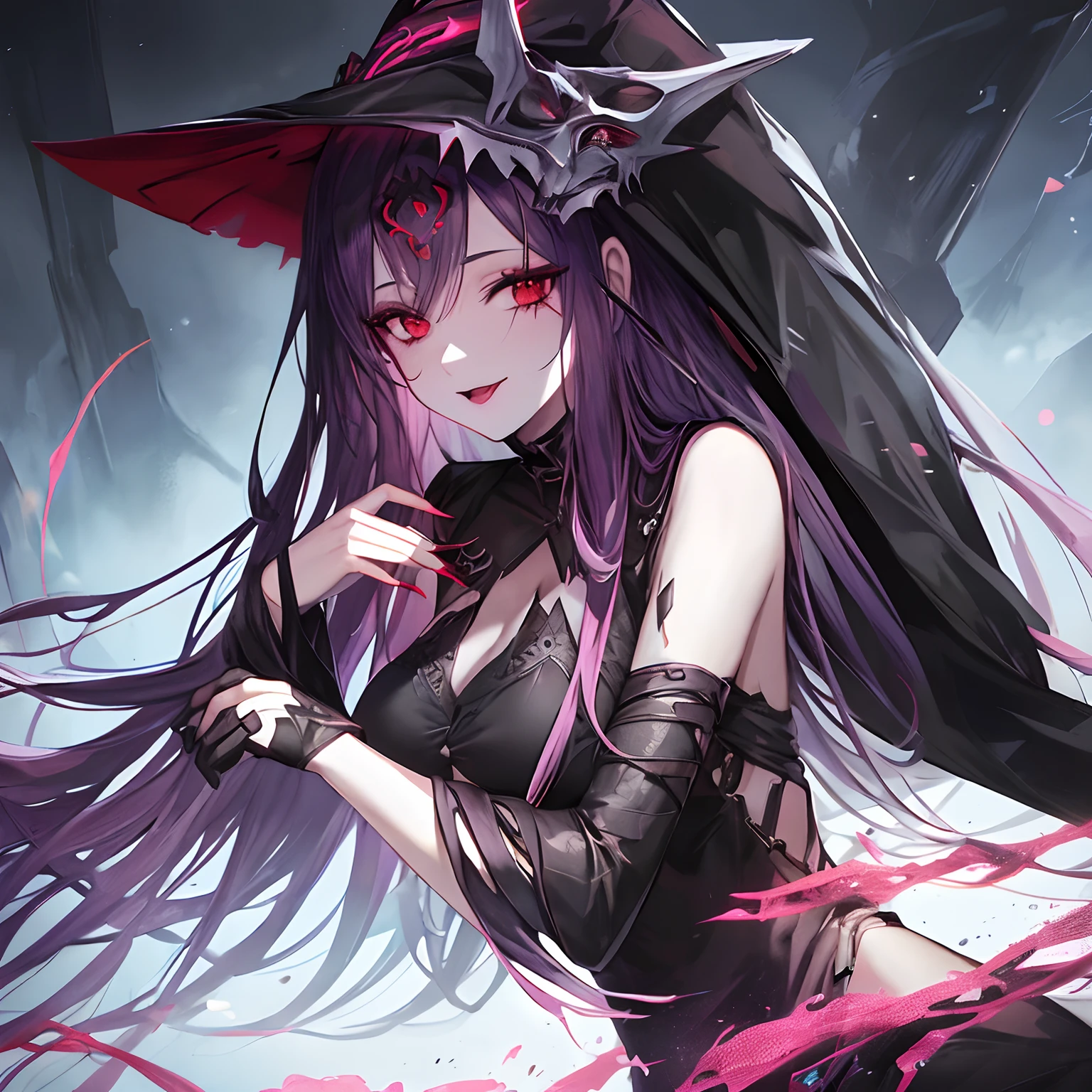 Woman, long dark purple hair, red eyes with a bright light, black long open dress, witch, silver jewelry in the shape of ribs, metal mask on half of the face, black lipstick