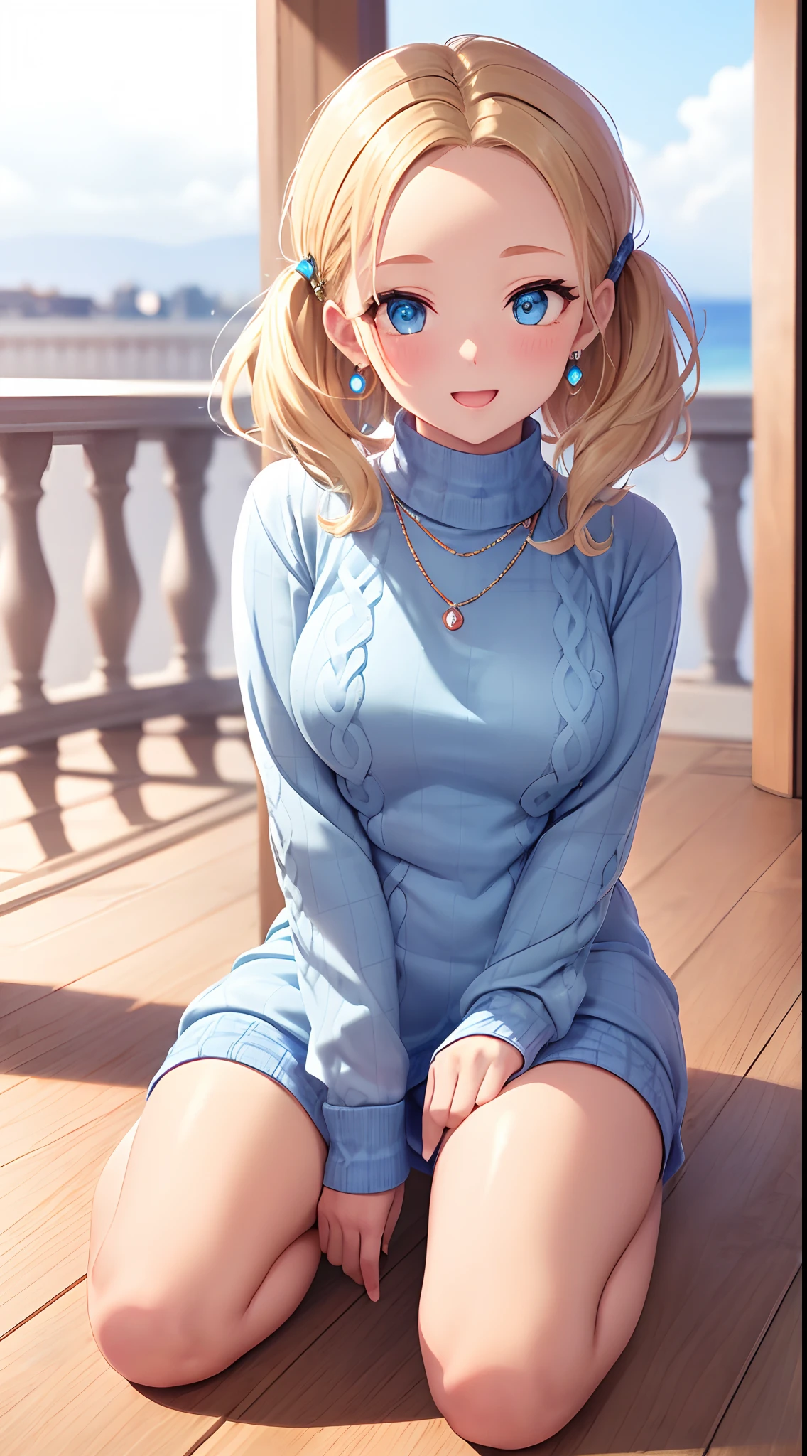 absurderes, ultra-detailliert,bright colour, extremely beautiful detailed anime face and eyes, view straight on, ;D, shiny_skin,25 years old, Short hair, (Forehead:1.3), Blonde hair with short twin tails, Shiny hair, Delicate beautiful face, red blush、(cyan eyes:1.1), White skin, hair clips, earrings, a necklace, (Blue Plaid Sweater Dress:1.5), Beautiful cloud, Dusk sky,Full body