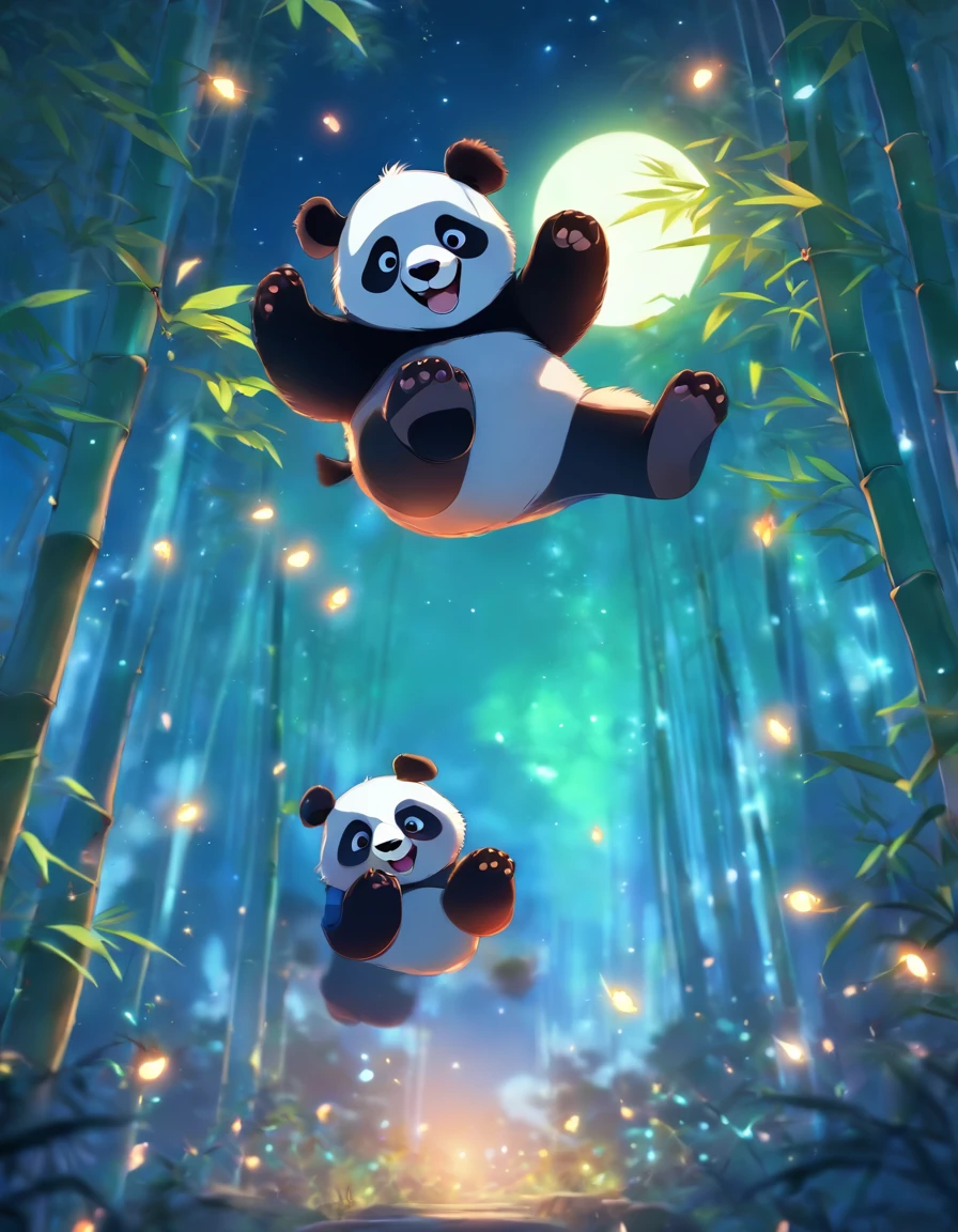 KIDS ILLUSTRATION，Silent night, Quiet bamboo forest, Bamboo leaves fall in the wind,Cute and cute giant panda in the air， Full moon in the sky, fireflies flying，（（oc rendered））