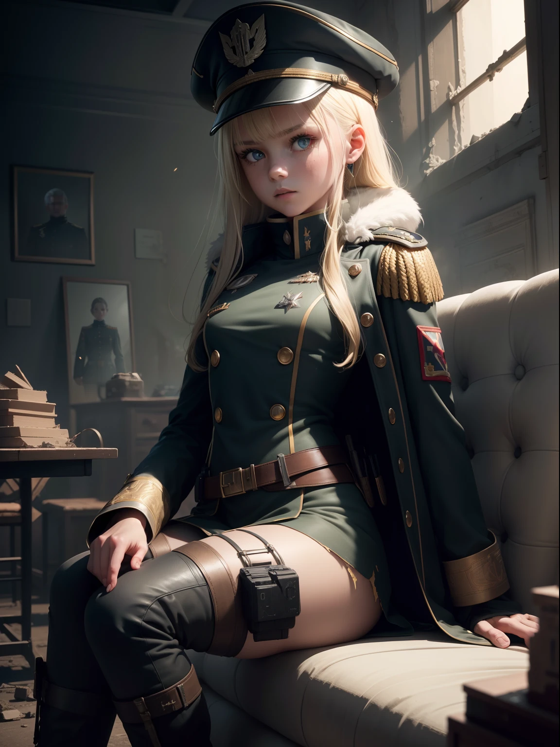 Destroyed towns,3 Ukrainian girls , Ukrainian anime girls , , Ukraine , Full body composition of young girl with messy bright blonde hair, eye make up, 13 year old, Soft lighting, Solo, Old torn dirty shabby futuristic military uniform, badges, Pose, Blotch color, Octane Render, Hyperrealistic intricate detail, Cinematic, 8K resolution, 70mm, Accent Lighting, Global Illumination, Full body portrait, clean detailed faces, intricate clothing, Cute face, flat chest, Slim waist, Slim legs, small hips,Major's uniform,Major's hat,Holding a handgun,Long jacket,Carrying a cloak,actionpose,Sitting in the general's chair,with spreading legs,White underwear,