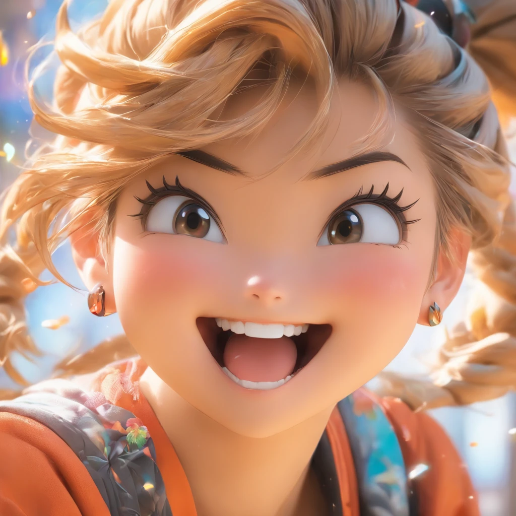 hyper photorealism, god light, Fuji colors, hyper HD, Super detail, 16k,head portrait,A slightly chubby Korean girl,laughing very happily,pony tails,light make-up,sideface